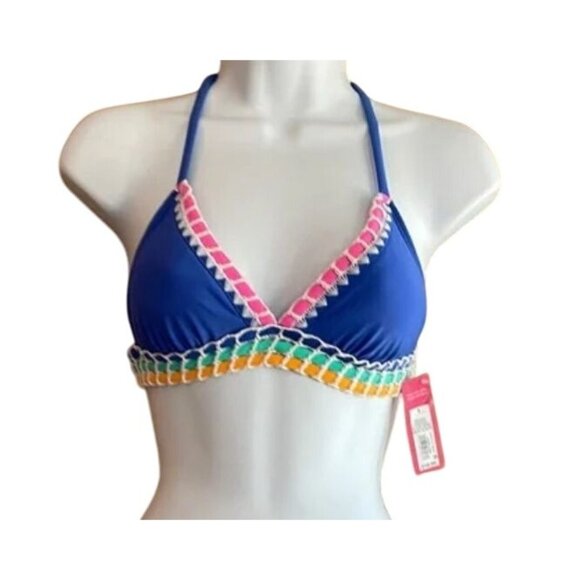 Crochet Trim Lined Halter Bikini Top Multicolor Accent Tie Back Blue Size XS - Picture 1 of 2